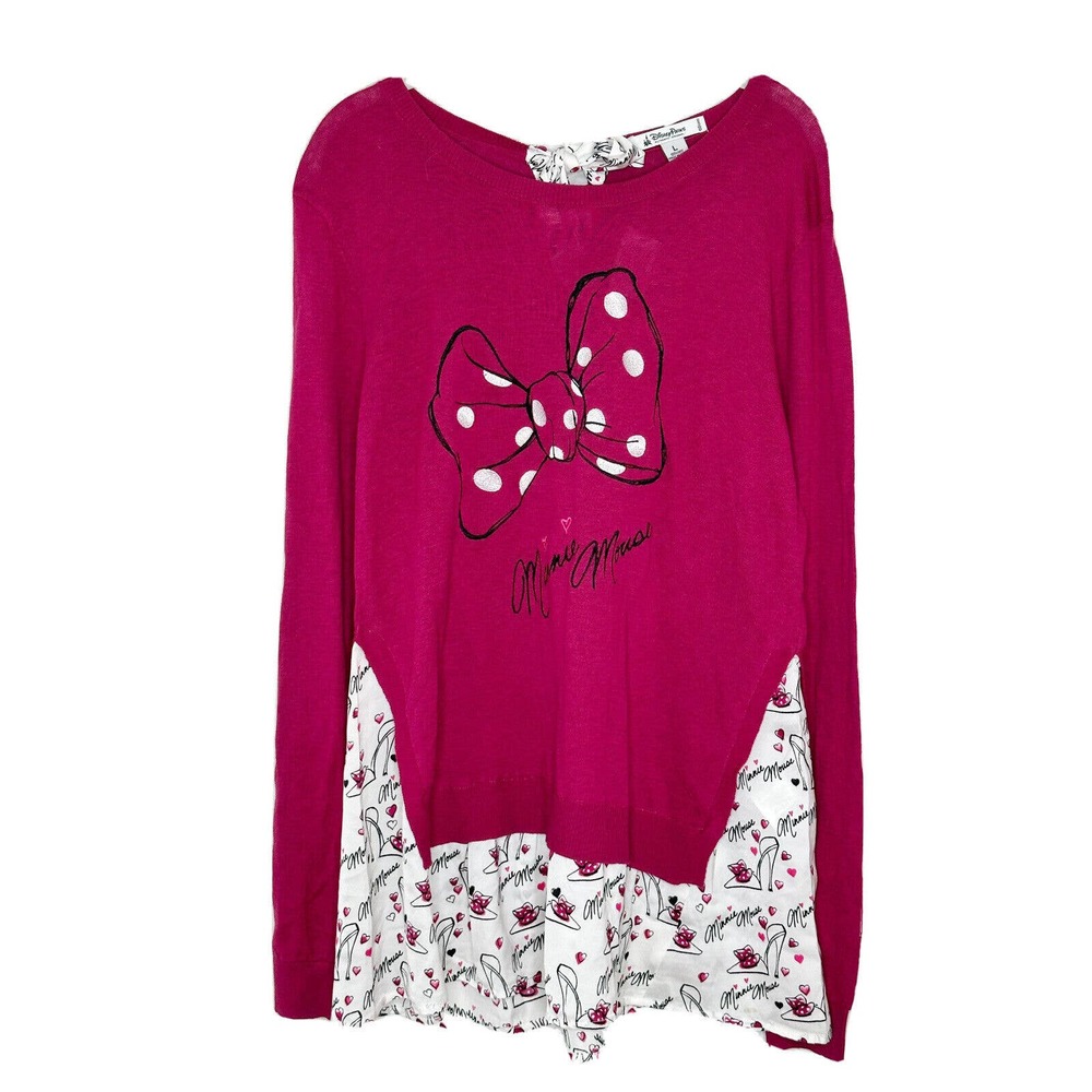 Disney Parks Minnie Mouse Pink White Bow Sweater Top Women's Cotton Wool L New